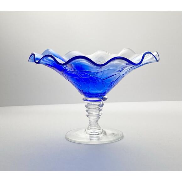 1990s Rossi Glass-Niagara Crackle Blue Pedestal Footed Ruffled Compote 6 7/8” - Picture 2 of 7